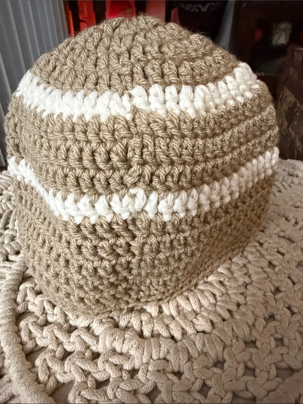 Handmade Tan Crochet Beanie with White Stripes and Red Flower